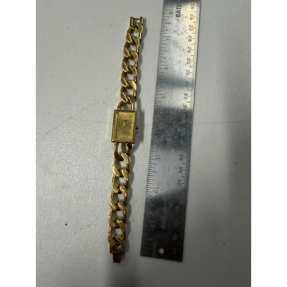 Gruen Precision Gold Tone Rectangular Face Chunky Curb Chain Link Bracelet Watch